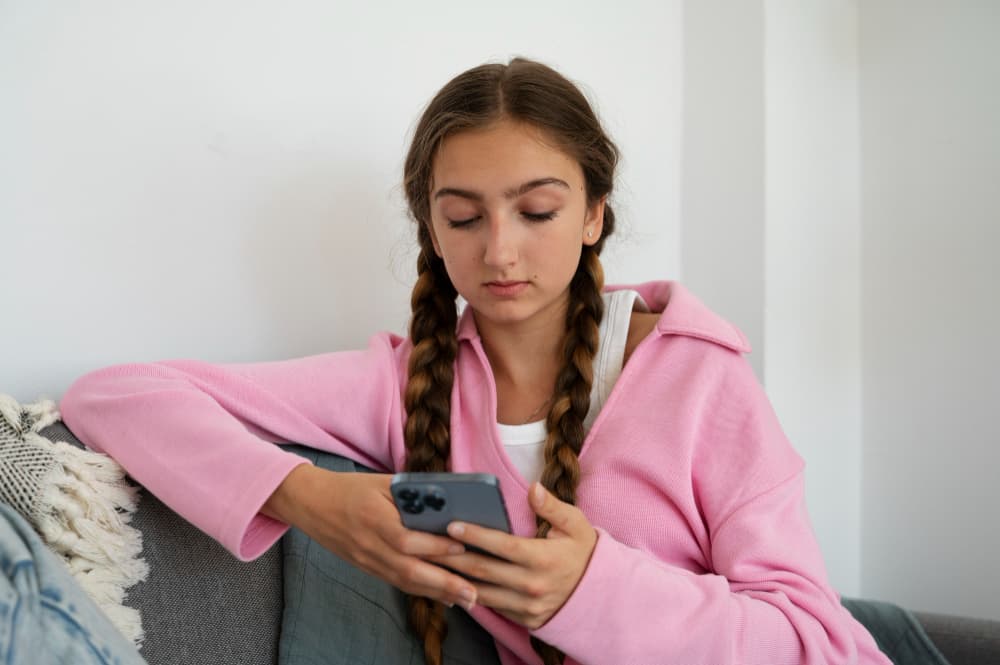 Une adolescente échange avec l'application Mélio depuis son téléphone